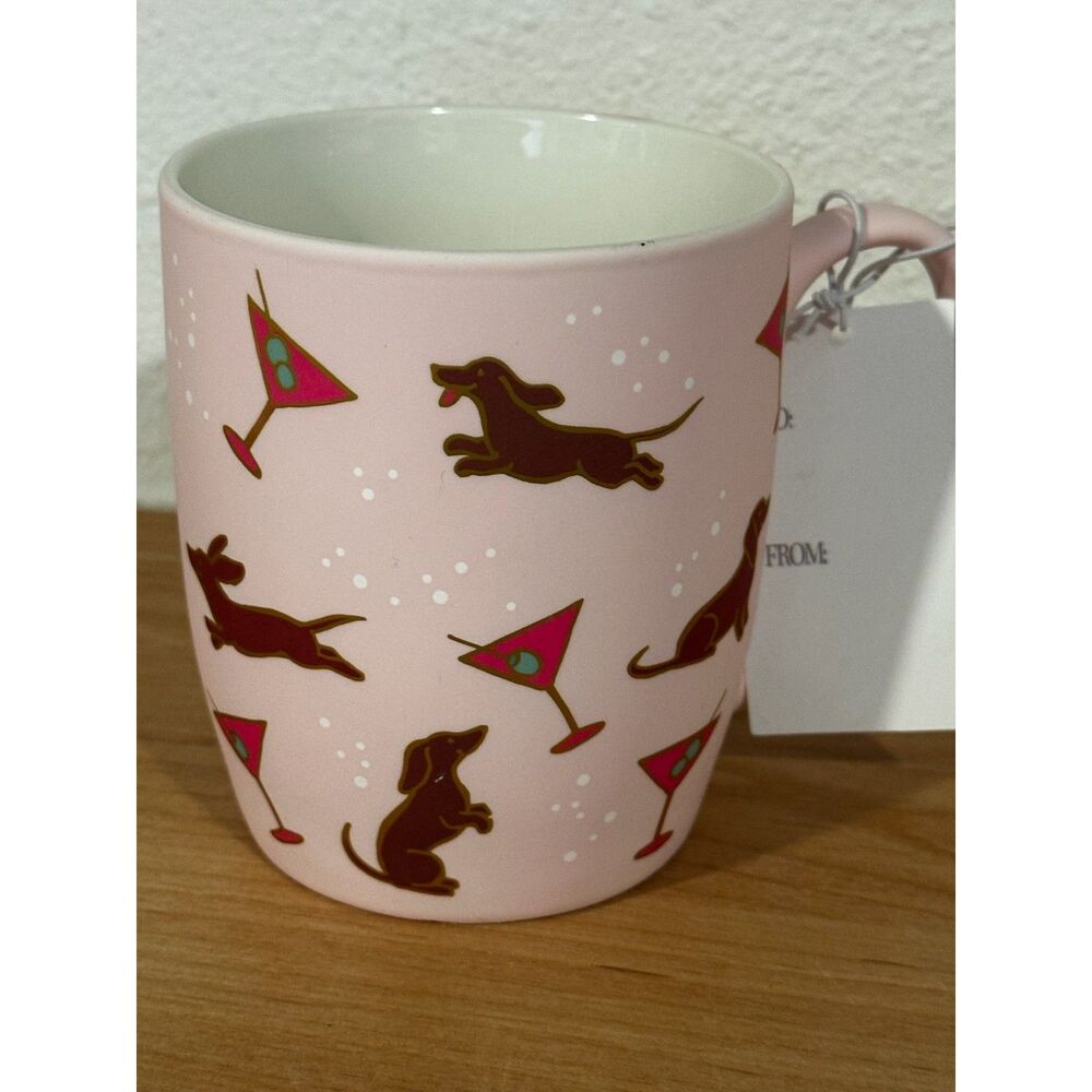 Dwell Studio Dachshund & Martinis Pink Ceramic Coffee Mug NWT
